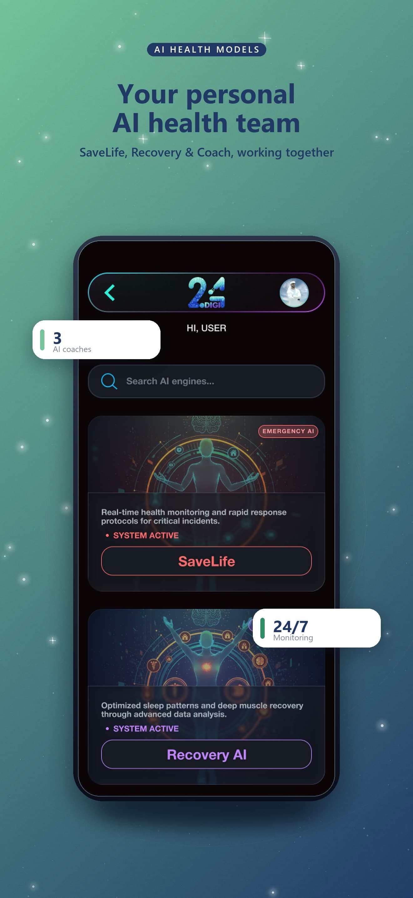 24Digi AI health models screen for SaveLife and Recovery coaches