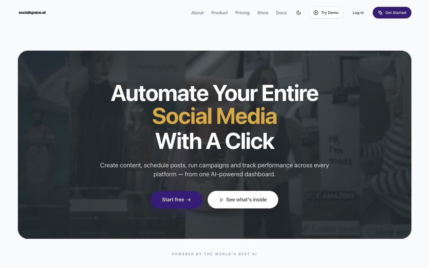 SociulFlow homepage hero for the AI social media platform, with Start free and See what's inside calls to action