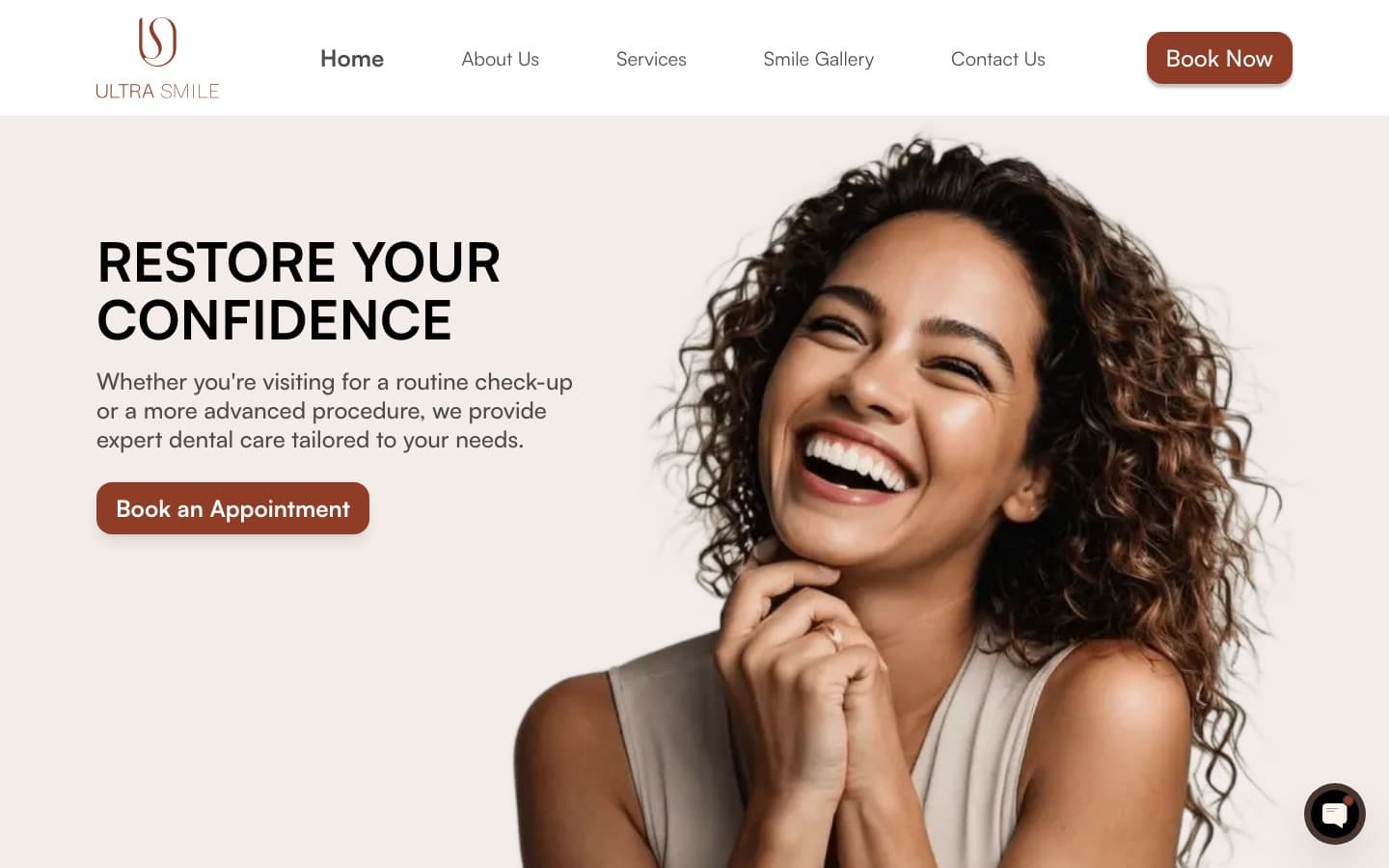 Ultra Smile Clinic Dubai website homepage with treatment message, Book an Appointment, and clinic navigation