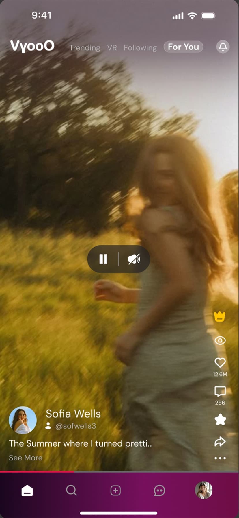 VyooO mobile app For You feed showing a full-screen creator video, engagement controls, and bottom navigation