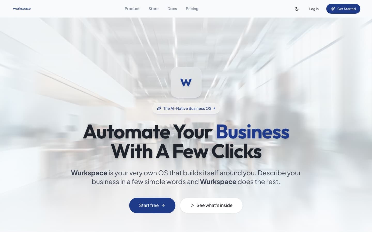 Wurkspace homepage showing the AI-Native Business OS hero, product navigation, and Start free call to action