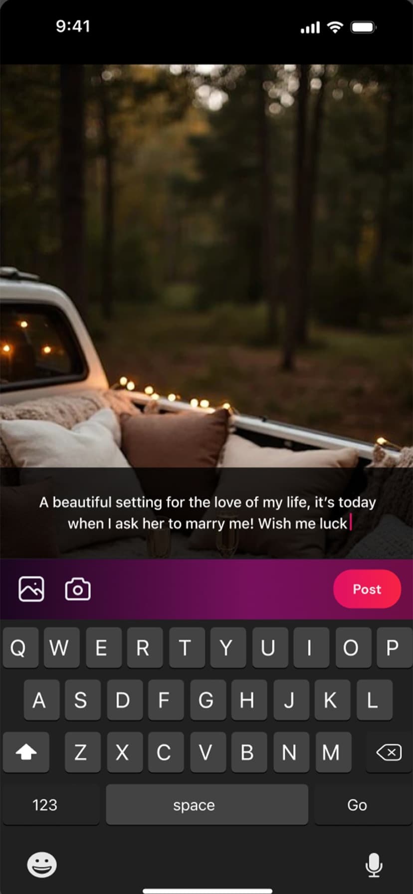 VyooO compose screen with a photo preview, caption field, and Post button above the keyboard