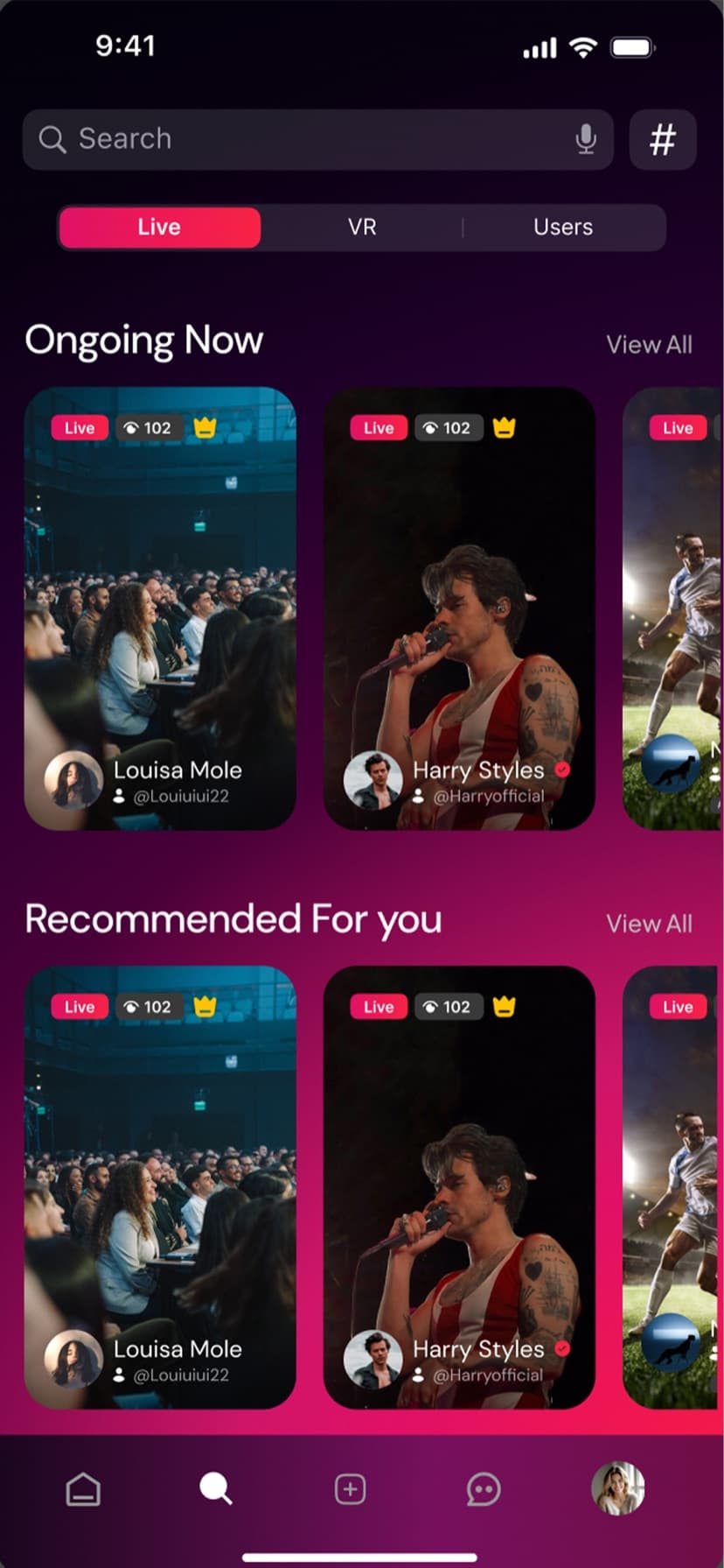 VyooO live discovery screen with Ongoing Now and Recommended creator stream cards