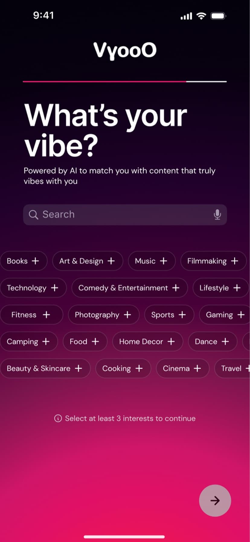VyooO onboarding screen asking What's your vibe? with AI interest tags on a pink gradient