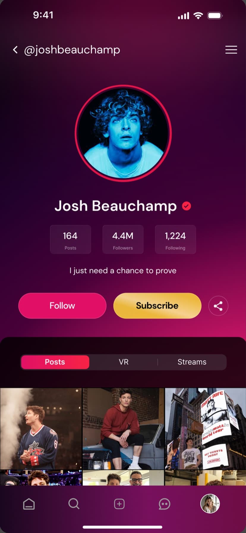 VyooO creator profile for a verified account with posts, followers, Follow and Subscribe actions